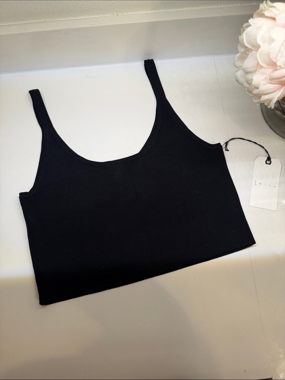 Leith Black Ribbed Crop Tank Top L